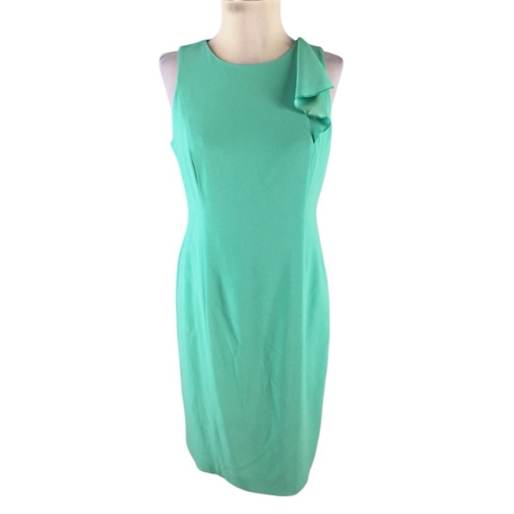 Ann Taylor jade green ruffle sleeve sheath dress ruffle on one shoulder, Seafoam